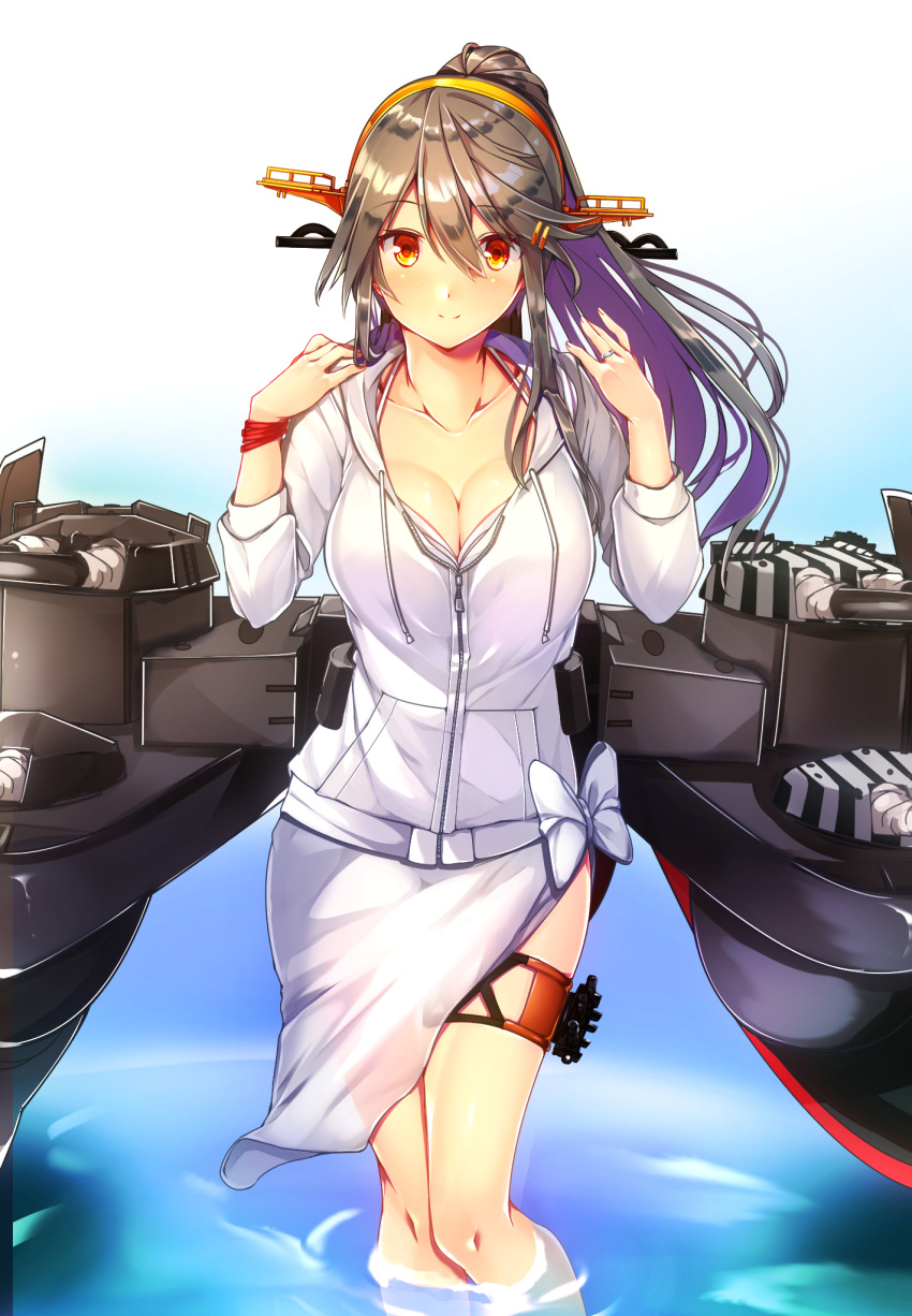 alternate_costume alternate_hairstyle bikini breasts cleavage closed_mouth collarbone dazzle_paint gradient gradient_background grey_hair hair_ornament hairclip haruna_(kantai_collection) headgear highres jacket kantai_collection large_breasts light_smile long_hair looking_at_viewer open_clothes open_jacket parted_lips ponytail remodel_(kantai_collection) rigging sarong shiny shiny_hair smile solo swimsuit swimsuit_under_clothes thigh_strap tsukui_kachou turret wading white_bikini white_jacket white_sarong wristband yellow_eyes