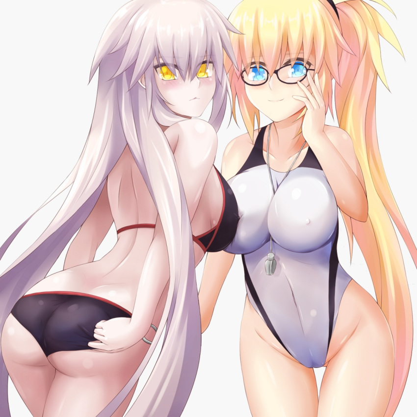 adjusting_clothes adjusting_swimsuit ahsiu arm_at_side ass ass_visible_through_thighs asymmetrical_docking back bangs bespectacled between_breasts bikini black-framed_eyewear black_bikini blonde_hair blue_eyes blush breast_press breasts cameltoe closed_mouth competition_swimsuit covered_nipples cowboy_shot fate/grand_order fate_(series) from_side glasses groin hair_between_eyes hand_on_own_cheek highleg highleg_swimsuit highres impossible_clothes impossible_swimsuit jeanne_d'arc_(alter_swimsuit_berserker) jeanne_d'arc_(fate)_(all) jeanne_d'arc_(swimsuit_archer) light_smile long_hair looking_at_viewer looking_back looking_to_the_side multiple_girls o-ring o-ring_bikini o-ring_bottom one-piece_swimsuit pale_skin side_ponytail sideboob sidelocks silver_hair simple_background skin_tight smile standing straight_hair swimsuit thigh_gap very_long_hair whistle whistle_around_neck white_background white_swimsuit yellow_eyes