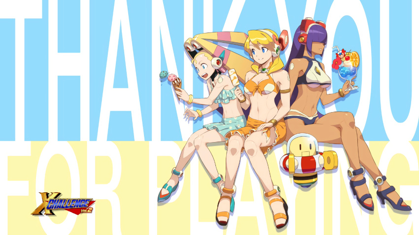 alia_(rockman) android artist_request bare_shoulders bikini blonde_hair blue_eyes bracelet breasts cleavage closed_mouth crossed_legs cup dark_skin food frilled_bikini_top front-tie_bikini front-tie_top full_body hair_over_eyes headgear headset highres hime_cut ice_cream ice_cream_cone jewelry knees_together_feet_apart large_breasts layer lips long_hair mole multiple_girls navel official_art open_mouth palette_(rockman) popsicle purple_hair robot_ears rockman rockman_x sandals sarong sitting smile swimsuit underboob zero_(rockman)