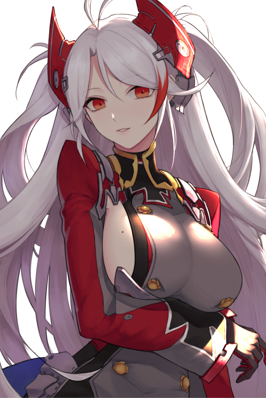 arm_under_breasts azur_lane breast_hold breasts highres large_breasts long_hair looking_at_viewer mole mole_on_breast open_mouth prinz_eugen_(azur_lane) qb_516 red_eyes silver_hair smile solo upper_body white_background