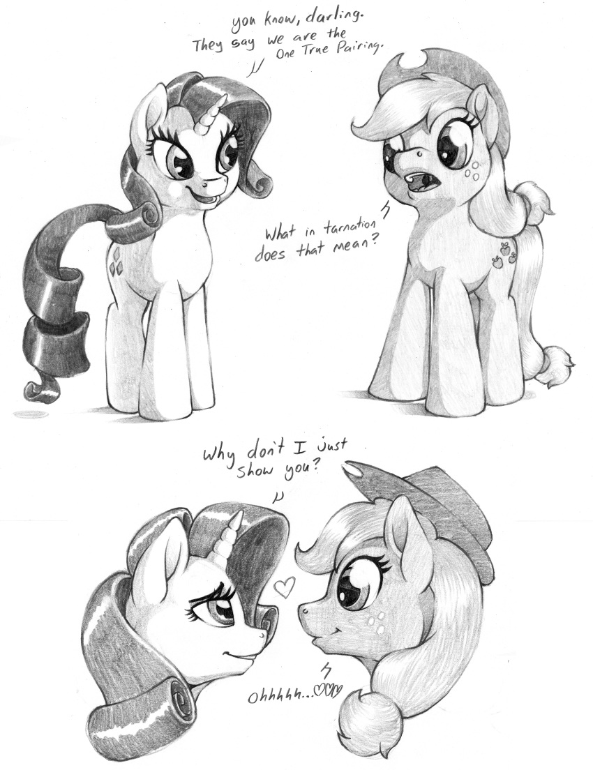 &lt;3 2018 applejack_(mlp) comic cowboy_hat cutie_mark dialogue duo equine eye_contact eyeshadow female feral freckles friendship_is_magic greyscale hair hat hi_res horn horse makeup mammal monochrome my_little_pony open_mouth pencil_(artwork) pony rarity_(mlp) simple_background smile stallionslaughter text traditional_media_(artwork) unicorn white_background