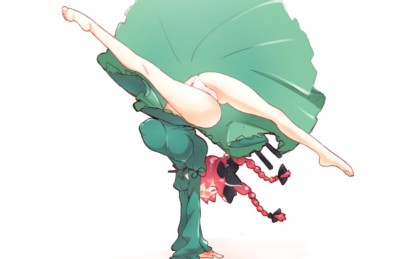 ass bare_legs barefoot blush bouncing_breasts bow bow_panties braid breasts commentary_request covered_nipples dress handstand kaenbyou_rin large_breasts long_hair non_(z-art) panties pantyshot red_eyes red_hair ribbon simple_background smile tongue touhou unaligned_breasts underwear upskirt white_panties