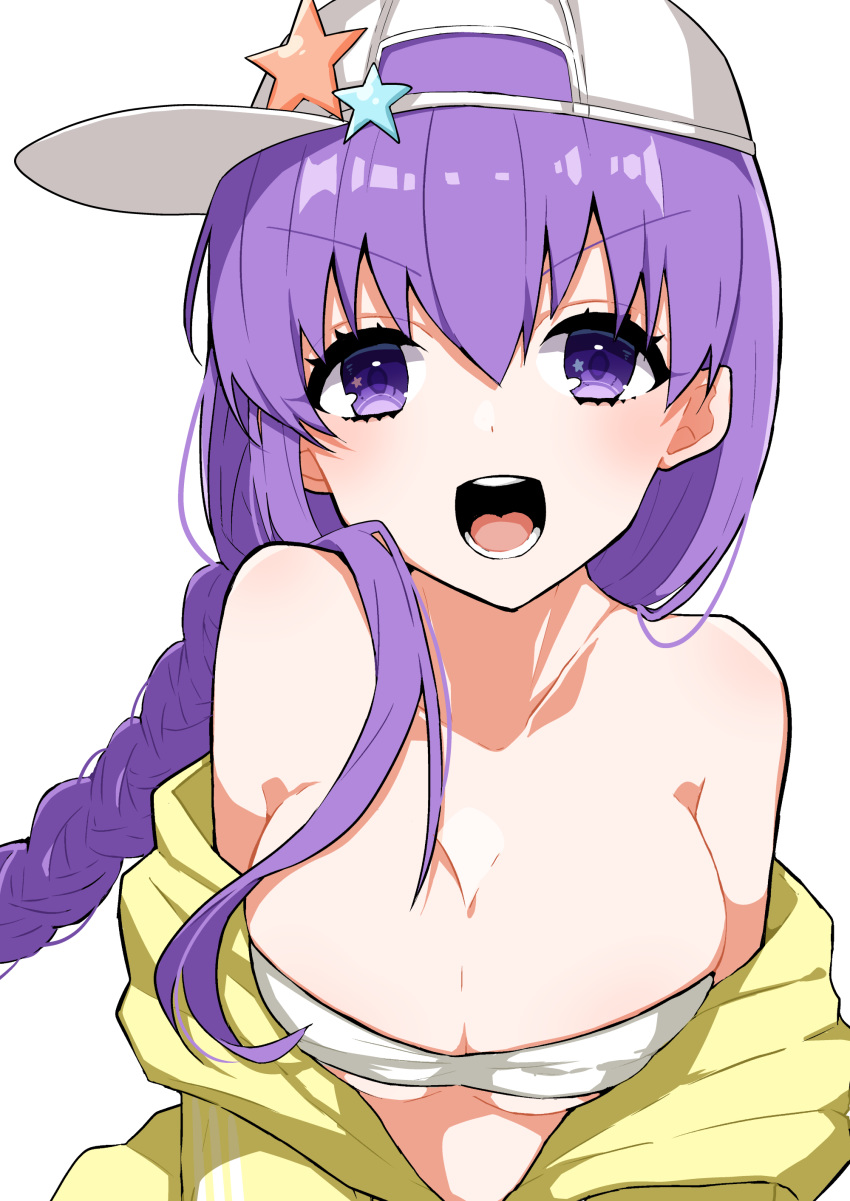 absurdres bangs bare_shoulders baseball_cap bb_(fate)_(all) bb_(swimsuit_mooncancer)_(fate) bikini bikini_top blush braid breasts brown_hair cleavage collarbone fate/grand_order fate_(series) hairband hat highres large_breasts long_hair off_shoulder open_clothes open_mouth purple_eyes purple_hair shiny shiny_hair sideways_hat simple_background single_braid solo star star_in_eye strapless strapless_bikini swimsuit symbol_in_eye takae_(poupee_en_biscuit) triple_vertical_stripe underboob v-shaped_eyebrows white_background white_bikini white_hat