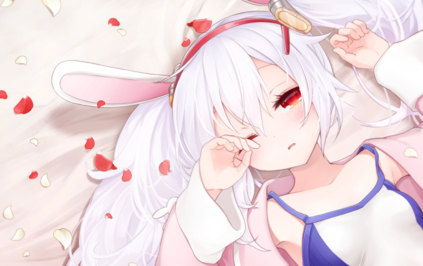 animal_ears azur_lane blush bunny_ears camisole fake_animal_ears laffey_(azur_lane) lying on_back parted_lips petals red_eyes rubbing_eyes sleepy sumi_(kjtd2458) twintails white_hair