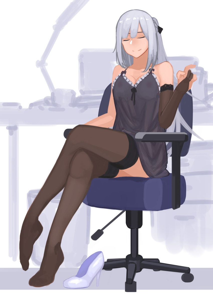 absurdres ak-12_(girls_frontline) bare_shoulders black_legwear breasts chair cleavage closed_eyes closed_mouth crossed_legs dress fantasia_var girls_frontline highres long_hair no_shoes office_chair silver_hair simple_background sitting smile solo thighhighs