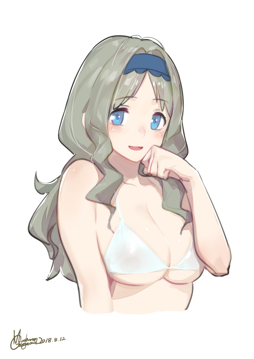 :d absurdres bare_shoulders bikini blue_eyes blush breasts collarbone commentary darling_in_the_franxx dated eyebrows_visible_through_hair gorgeous_mushroom green_hair handband highres kokoro_(darling_in_the_franxx) large_breasts long_hair looking_at_viewer md5_mismatch open_mouth signature simple_background smile solo swimsuit upper_body white_background white_bikini