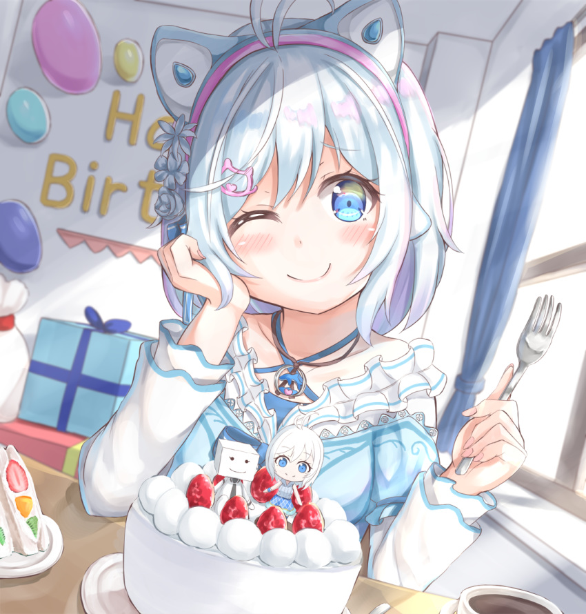 ;) animal_ears antenna_hair arm_support balloon birthday birthday_cake blue_dress blue_eyes blue_flower blue_rose blue_skirt blush box cake cat_ears closed_mouth coffee cup curtains day dennou_shoujo_youtuber_shiro dress fingernails flower food fruit gift gift_box grey_sweater hair_flower hair_ornament hairband hands_up head_in_hand head_tilt highres holding holding_food indoors keiran_(ryo170) long_hair long_sleeves looking_at_viewer md5_mismatch nail_polish one_eye_closed pink_hairband pink_nails puffy_short_sleeves puffy_sleeves ribbed_sweater rose shiro_(dennou_shoujo_youtuber_shiro) shirt short_over_long_sleeves short_sleeves silver_hair skirt slice_of_cake smile solo strawberry sunlight sweater teacup virtual_youtuber white_shirt window