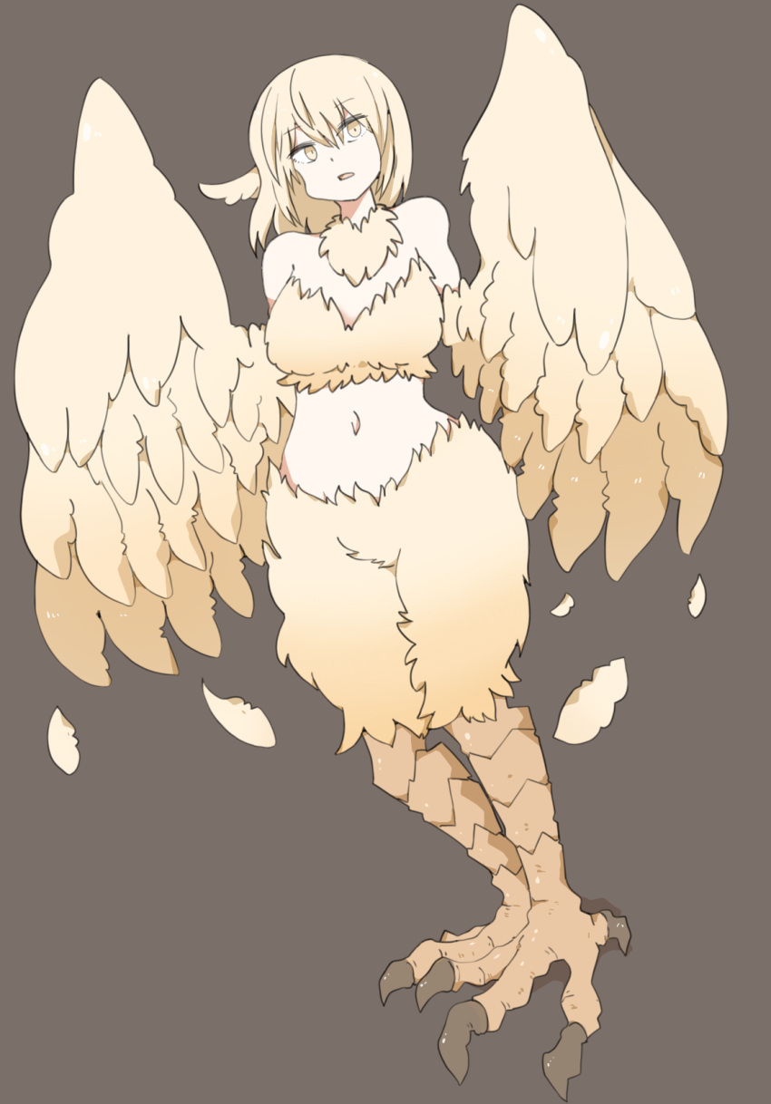 1girl blonde_hair feathered_wings female full_body harpy midriff monster_girl navel original solo spachear wings