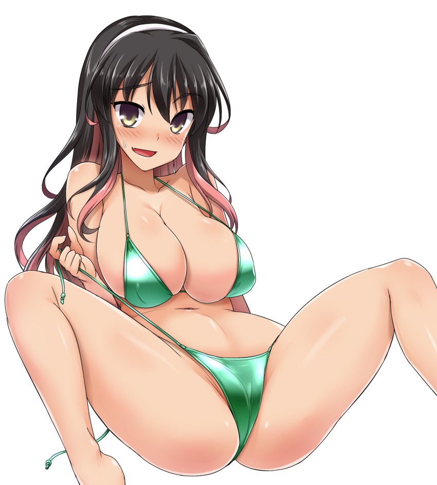 alternate_costume barefoot bikini black_hair breasts full_body green_bikini hairband highres kantai_collection large_breasts long_hair multicolored_hair naganami_(kantai_collection) open_mouth pink_hair remodel_(kantai_collection) side-tie_bikini simple_background sitting solo swimsuit two-tone_hair untied untied_bikini wavy_hair white_background white_hairband yellow_eyes yoshi_tama