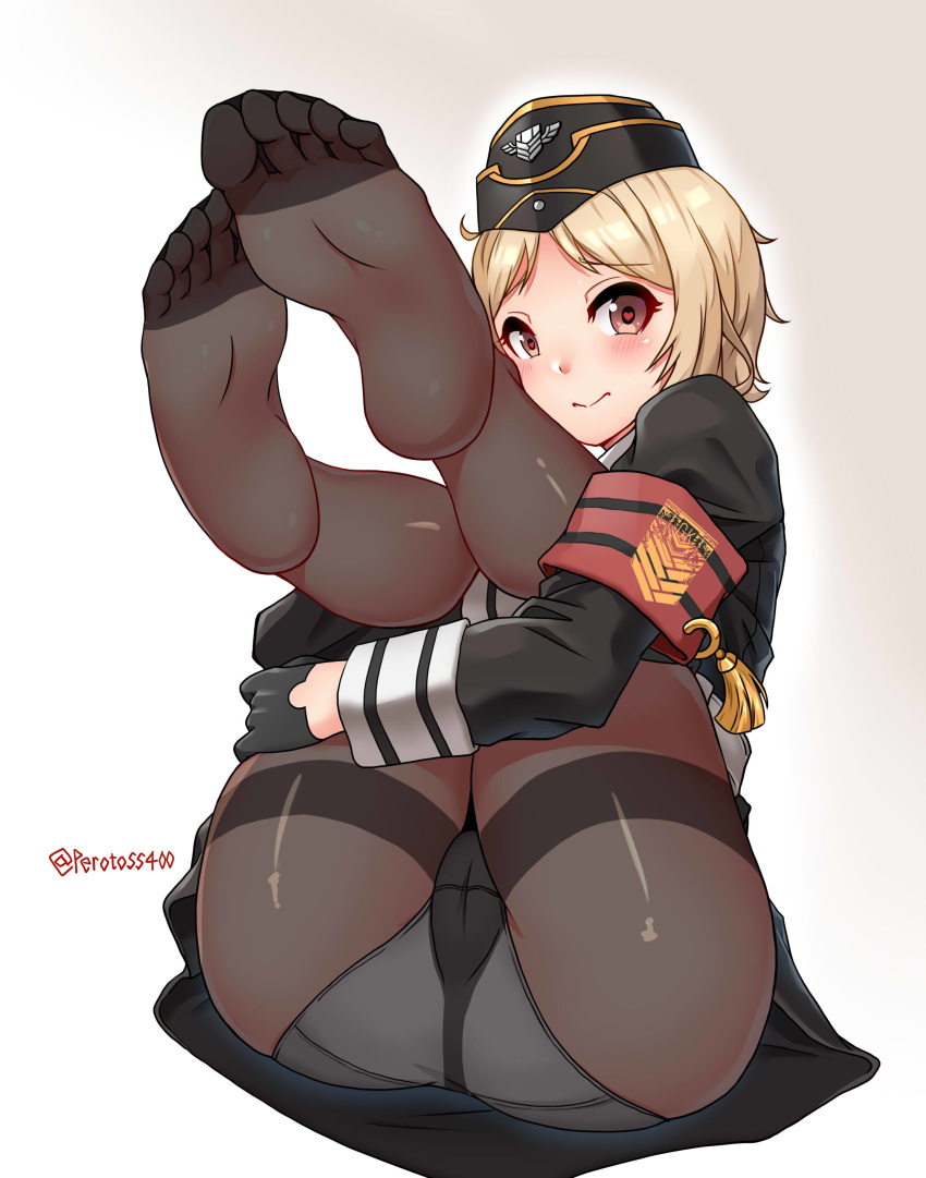 1girl ass blonde_hair blush brown_eyes feet girls_frontline heart heart-shaped_pupils highres legs_up looking_at_viewer military military_uniform mp40_(girls_frontline) panties panties_under_pantyhose pantyhose soles symbol-shaped_pupils toes underwear uniform