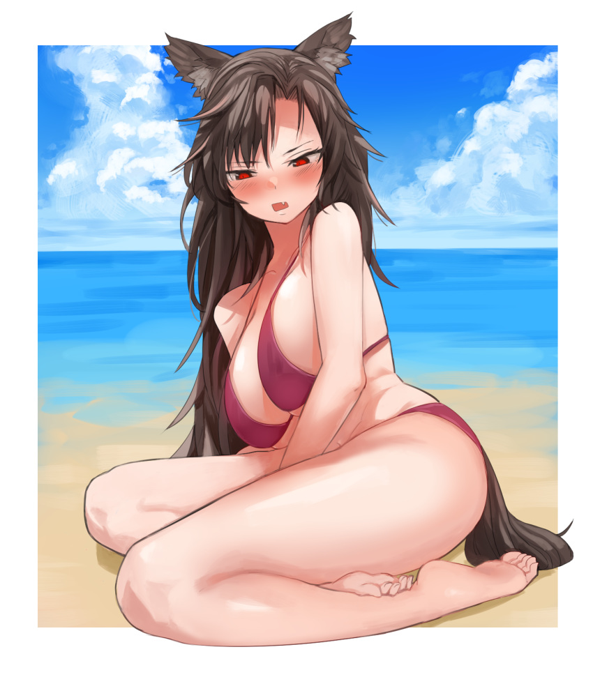 animal_ears barefoot bikini blush breasts brown_hair cleavage collarbone commentary_request day fang feet highres imaizumi_kagerou large_breasts long_hair looking_afar looking_down navel okbnkn open_mouth outdoors red_eyes solo swimsuit tail touhou wolf_ears wolf_tail