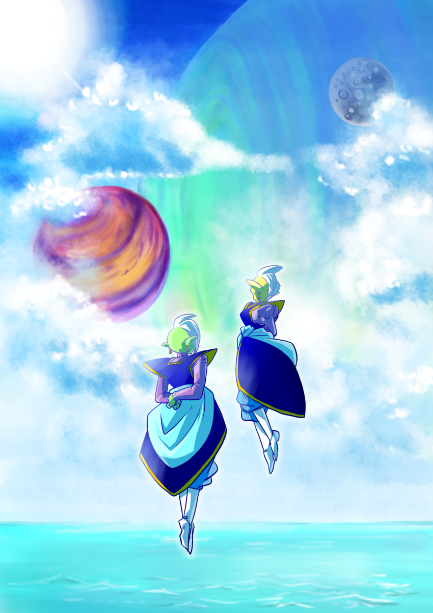 arms_behind_back boots cloud cloudy_sky day dragon_ball dragon_ball_super earrings facing_away floating gowasu highres jewelry long_sleeves male_focus mohawk multiple_boys outdoors planet pointy_ears potara_earrings short_hair sky tetsuyo white_hair zamasu