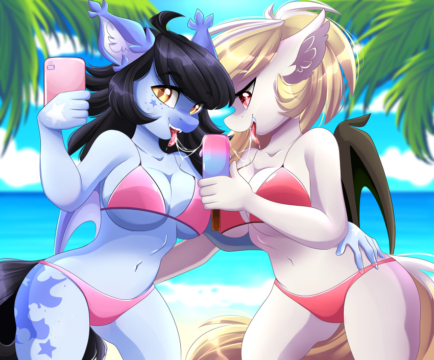 2018 absurd_res airiniblock amber_eyes anthro bat_pony bat_wings beach bikini black_hair blonde_hair breasts cellphone cleavage clothed clothing cloud detailed_background duo equine eyebrows eyelashes fan_character fangs female female/female food hair hi_res holding_food holding_object inner_ear_fluff leaves mammal membranous_wings my_little_pony navel open_mouth open_smile outside palm_tree phone popsicle portrait red_eyes saliva saliva_string sea seaside selfie sky slit_pupils smile standing star suggestive summer swimsuit teeth three-quarter_portrait tongue tongue_out tree water wings