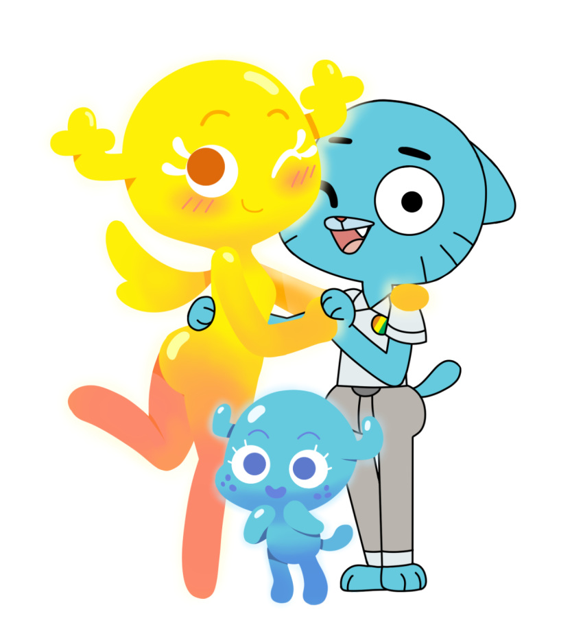 alpha_channel anthro antlers blue_eyes blue_fur blush cartoon_network child clothing family feline female freckles fur glowing gumball_watterson hand_holding horn hug husband male mammal one_eye_closed open_mouth pants penny_fitzgerald red_eyes shape_shifter the_amazing_world_of_gumball wife wings wink young