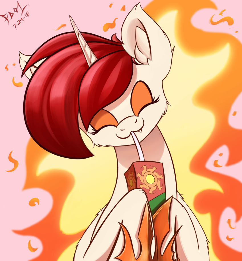2018 :3 daybreaker_(mlp) drinking equine eyeshadow fangs female fire foughtdragon01 friendship_is_magic hair horn juice_box makeup mammal my_little_pony portrait red_hair solo unicorn