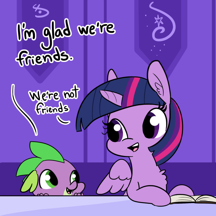 2018 book dialogue dragon duo english_text equine female feral friendship_is_magic hair horn mammal multicolored_hair my_little_pony scalie spike_(mlp) text tjpones twilight_sparkle_(mlp) winged_unicorn wings