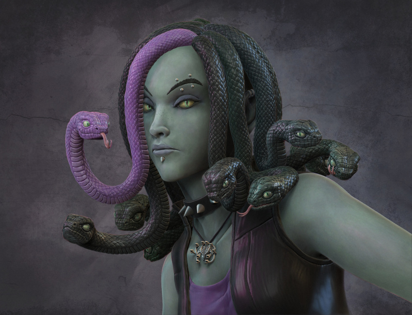 2017 3d_(artwork) animal_humanoid belly_scales blep bust_portrait clothing collar collarbone digital_media_(artwork) ear_piercing eyebrow_piercing eyebrows eyelashes eyeshadow facial_piercing female feral flat_chested forked_tongue frown gorgon goth green_eyes green_scales green_skin grey_background grey_eyeshadow grey_lips grey_lipstick hair hair_streak humanoid jacket jewelry leather leather_jacket lip_piercing lip_spike lipstick looking_at_viewer makeup medusa multicolored_hair multiple_piercings necklace open_clothing open_jacket piercing pink_tongue portrait punk purple_scales reptile scales scalie schlossbauer shirt silver_(metal) silver_jewelry simple_background slit_pupils smile snake snake_hair snake_humanoid snout solo spiked_collar spikes surface_piercing tank_top tongue tongue_out two_tone_hair yellow_sclera zbrush