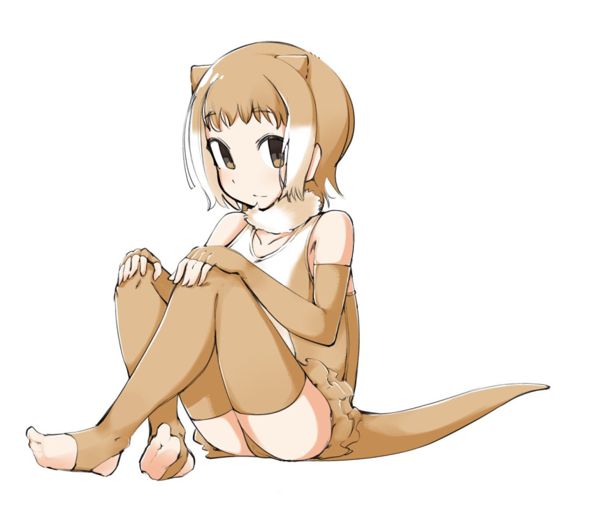 animal_ears bare_shoulders crossed_legs elbow_gloves extra_ears eyebrows_visible_through_hair fingerless_gloves frilled_swimsuit frills full_body fur_collar gloves hands_on_own_knees japanese_otter_(kemono_friends) kemono_friends light_brown_hair menturm1120 multicolored_hair one-piece_swimsuit otter_ears otter_tail short_hair sitting sleeveless solo stirrup_legwear swimsuit tail thighhighs toeless_legwear white_hair