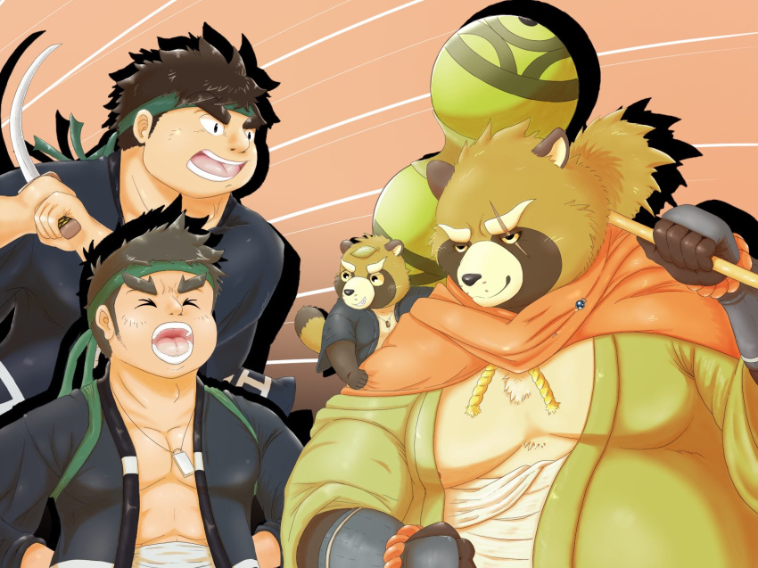 2018 anthro brown_fur canine clothed clothing fur group gyobu jinku_56 leaf male mammal overweight overweight_male robe scar tanuki tokyo_afterschool_summoners young