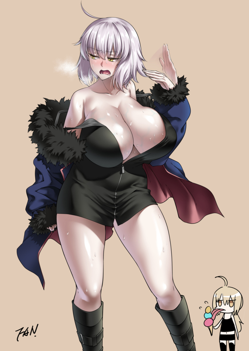 ahoge artoria_pendragon_(all) bare_shoulders black_footwear blonde_hair boots breasts brown_background chibi chibi_inset cleavage collarbone commentary_request curvy eyebrows_visible_through_hair f.w.zholic fanning_face fate/grand_order fate_(series) food fur_trim highres hot huge_breasts ice_cream jeanne_d'arc_(alter)_(fate) jeanne_d'arc_(fate)_(all) long_hair long_sleeves looking_to_the_side multiple_girls open_mouth partially_unzipped saber_alter short_hair silver_hair simple_background solo_focus standing sweat veiny_breasts wavy_mouth wicked_dragon_witch_ver._shinjuku_1999 yellow_eyes