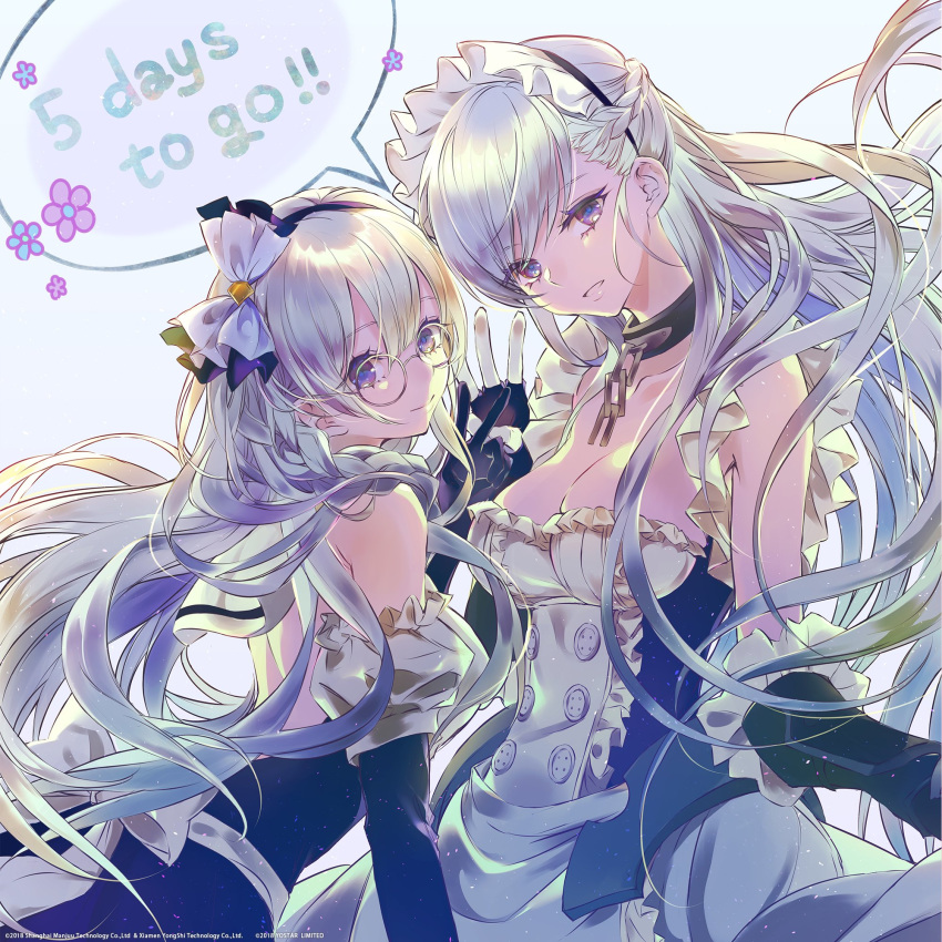 apron azur_lane backless_dress backless_outfit bangs bare_shoulders belfast_(azur_lane) black_gloves bow braid breasts buttons chain cleavage closed_mouth collar collarbone commentary_request corset countdown detached_sleeves dress edinburgh_(azur_lane) elbow_gloves eyebrows_visible_through_hair eyelashes fingerless_gloves flower french_braid frilled_apron frilled_gloves frills glasses gloves hair_bow hair_ornament highres long_hair long_sleeves looking_at_viewer maid maid_apron maid_headdress multiple_girls open_mouth purple_eyes round_eyewear sailor_collar silver_hair sleeveless sleeveless_dress smile speech_bubble tsukioka_tsukiho very_long_hair waist_apron watermark white_apron white_gloves