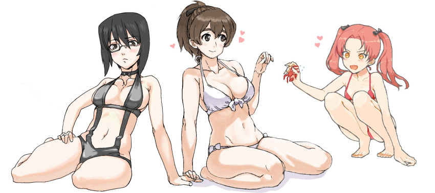 arm_support bangs barefoot bikini black-framed_eyewear black_bow black_choker black_eyes black_hair black_ribbon blush bow breasts brown_eyes brown_hair choker closed_mouth commentary_request crab fang front-tie_bikini front-tie_top frown girls_und_panzer hair_bow hair_ribbon hand_on_own_thigh heart highres holding holding_hands hp23 kadotani_anzu kawashima_momo koyama_yuzu leaning_to_the_side long_hair looking_at_another medium_breasts monocle multiple_girls navel ooarai_military_uniform ooarai_school_uniform open_mouth orange_eyes parted_bangs red_bikini red_hair ribbon ribbon_choker semi-rimless_eyewear shadow short_hair short_ponytail simple_background sitting slingshot_swimsuit smile squatting swimsuit twintails under-rim_eyewear wariza white_background white_bikini yokozuwari yuri