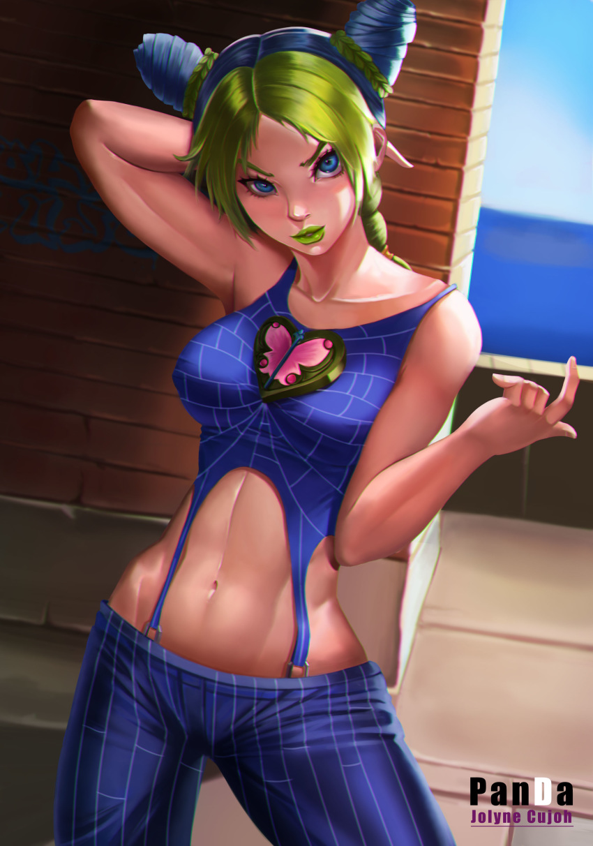 absurdres animal_print arm_behind_head beckoning blue_eyes blue_hair braid breasts brooch character_name commentary_request crop_top double_bun green_hair green_lipstick highres hips jewelry jojo_no_kimyou_na_bouken kuujou_jolyne landuo_deneng_maoshen lipstick looking_at_viewer makeup medium_breasts multicolored_hair navel nose pants single_braid solo spider_print stomach suspenders third-party_edit third-party_source third-party_watermark toned two-tone_hair