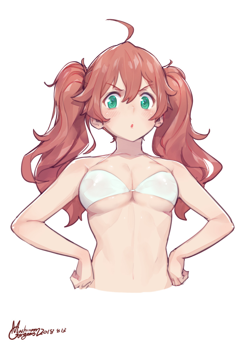 absurdres ahoge bare_shoulders bikini blush breasts brown_hair commentary cropped_torso darling_in_the_franxx dated gorgeous_mushroom green_eyes hair_between_eyes hands_on_hips highres long_hair looking_at_viewer md5_mismatch medium_breasts miku_(darling_in_the_franxx) signature simple_background solo stomach swimsuit twintails upper_body v-shaped_eyebrows white_background white_bikini