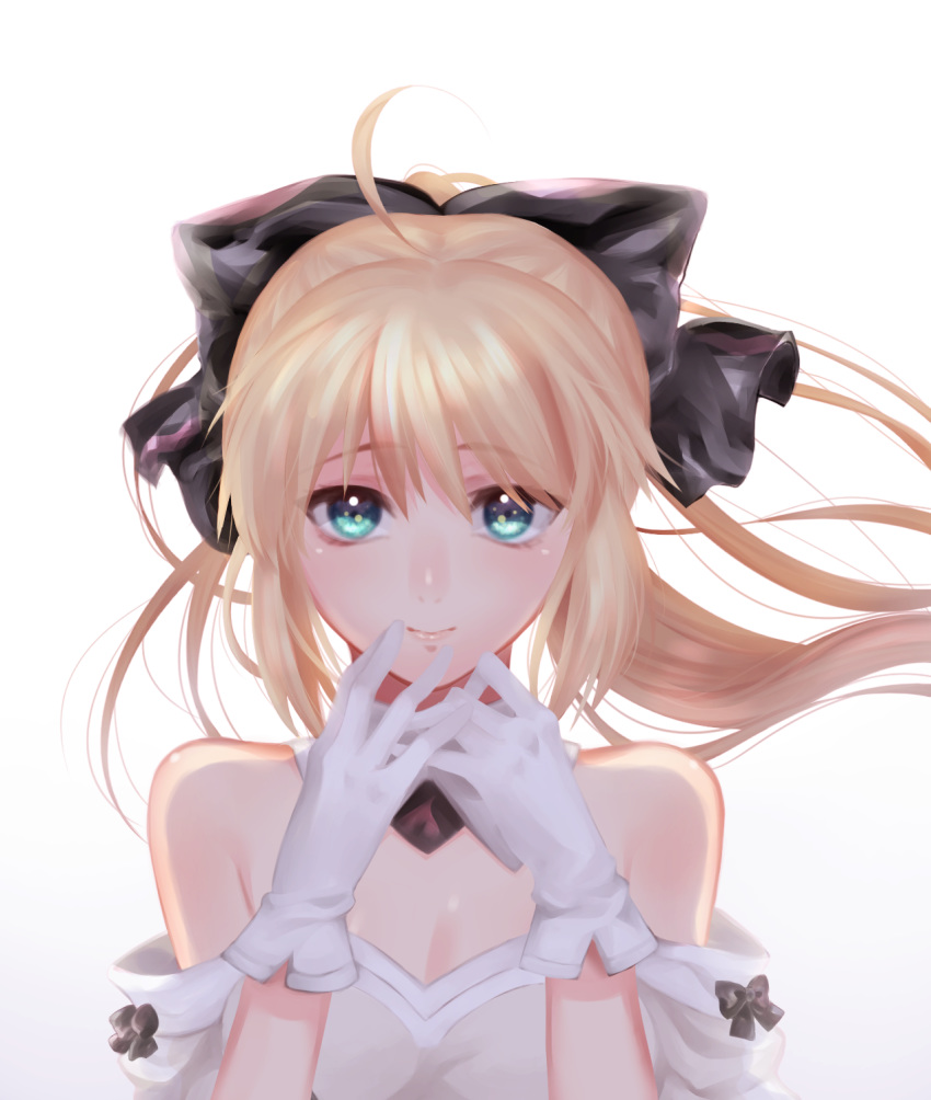 ai_(blacktea_milk) artoria_pendragon_(all) bare_shoulders black_ribbon blonde_hair blue_eyes breasts cleavage detached_collar detached_sleeves eyebrows_visible_through_hair fate/grand_order fate_(series) gloves hair_between_eyes hair_ribbon highres long_hair ribbon saber_lily small_breasts smile white_gloves