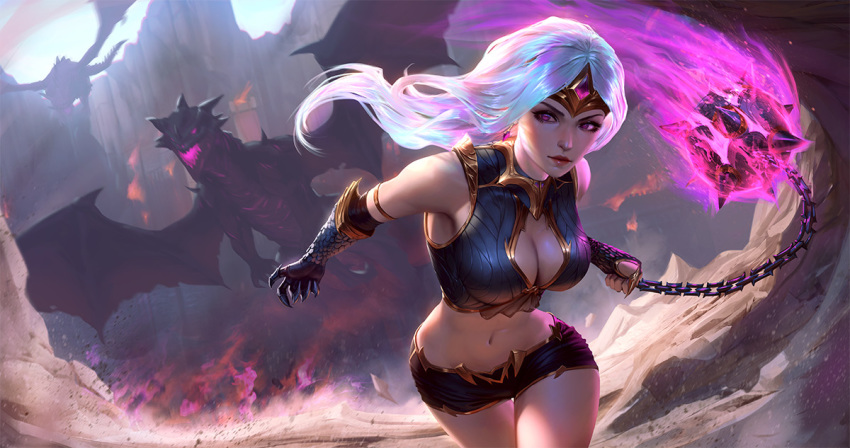 breasts circlet cleavage cleavage_cutout closed_mouth commentary dragon earrings flail gloves guardian_kingdoms holding holding_weapon jewelry large_breasts lips long_hair looking_at_viewer midriff morning_star navel purple_eyes raikoart running short_shorts shorts weapon white_hair