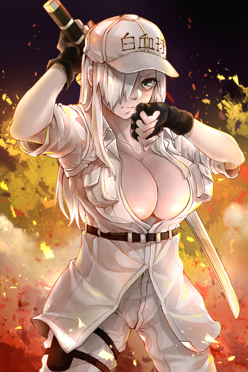 baseball_cap belt black_belt black_gloves breast_pocket breasts cleavage clothes_writing employee_uniform fingerless_gloves frown gloves hair_over_one_eye hat hataraku_saibou hataraku_saibou_black highres holding holding_sword holding_weapon holster large_breasts legs_apart long_hair looking_at_viewer mr.lime no_bra open_clothes open_shirt pants pocket serious shirt solo standing sword thigh_holster u-1196 uniform weapon white_blood_cell_(hataraku_saibou) white_hair white_hat white_pants white_shirt white_uniform