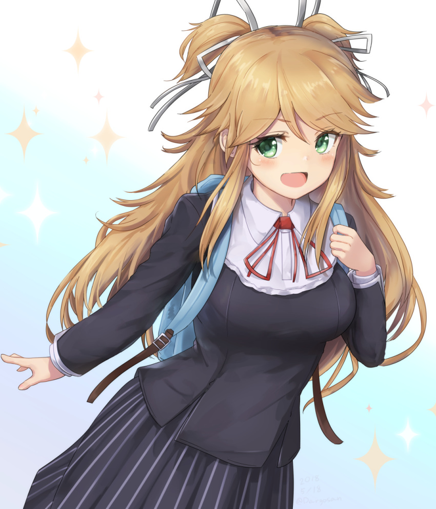 1girl :d backpack bag bangs black_shirt black_skirt blonde_hair blush breasts collared_shirt cowboy_shot dargo dutch_angle eyebrows_visible_through_hair gradient gradient_background green_eyes hair_ribbon hand_up highres long_hair long_sleeves looking_at_viewer medium_breasts neck_ribbon ninon_joubert open_mouth princess_connect! princess_connect!_re:dive red_neckwear ribbon school_uniform shirt sidelocks skirt smile solo sparkle_background striped striped_skirt two_side_up white_ribbon