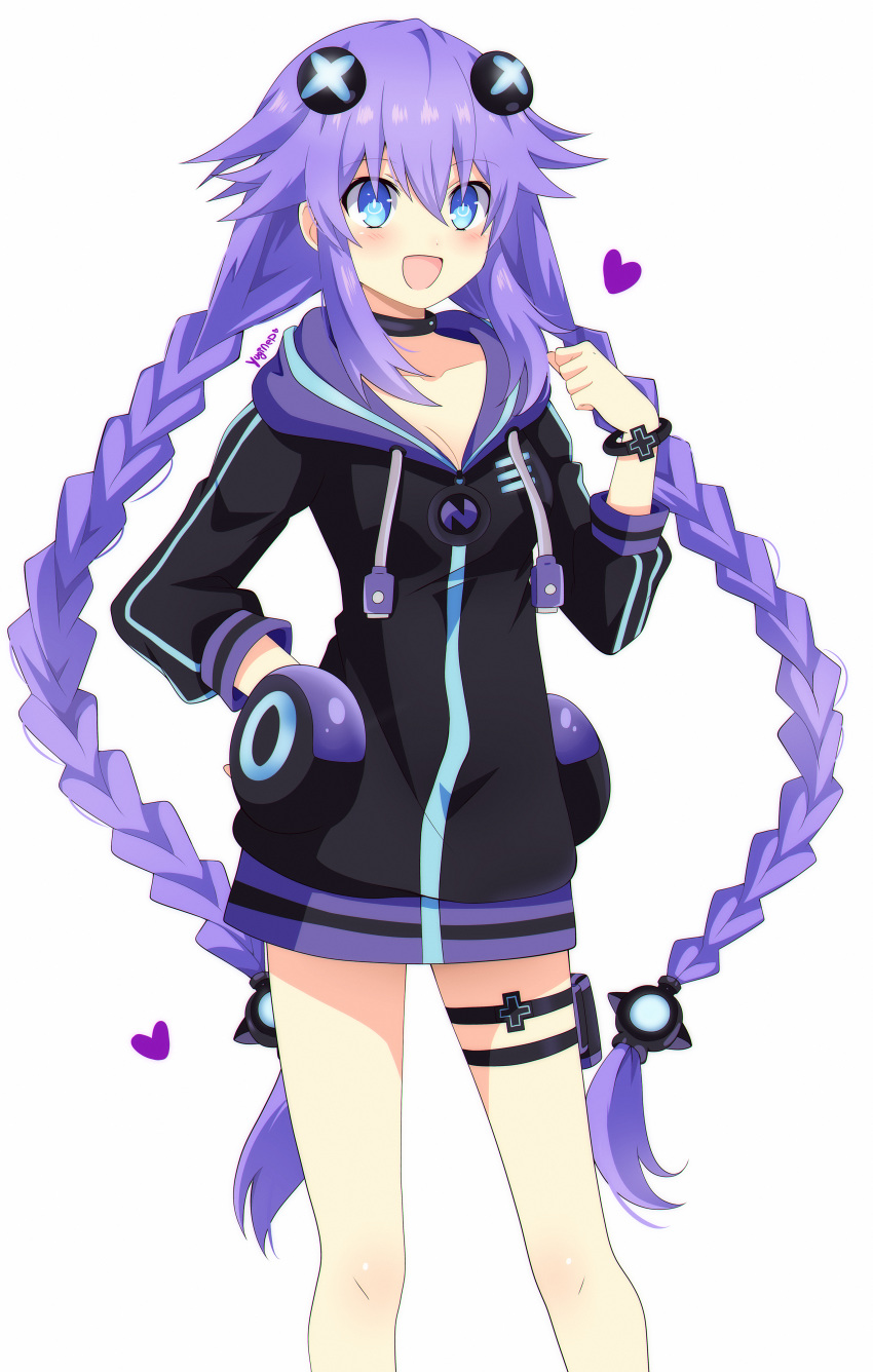 absurdres adult_neptune adult_neptune_(cosplay) black_choker blue_eyes blush bracelet braid caro-xy choker commentary cosplay hair_ornament heart highres hood hood_down hooded_jacket huge_filesize jacket jewelry long_hair looking_at_viewer neptune_(series) open_mouth power_symbol purple_hair purple_heart shin_jigen_game_neptune_vii sidelocks simple_background smile solo symbol-shaped_pupils thigh_strap twin_braids very_long_hair white_background