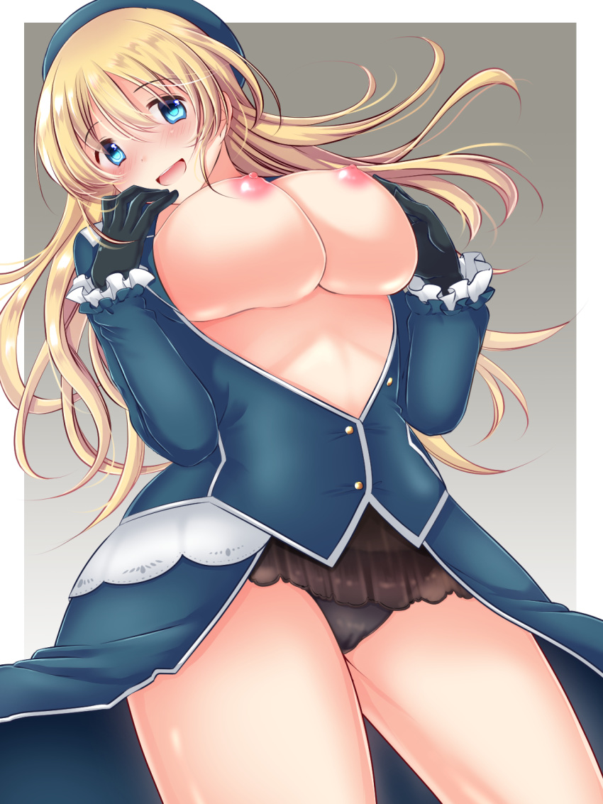 :d areolae atago_(kantai_collection) bangs beret black_gloves black_panties blonde_hair blush border breasts breasts_outside commentary_request eyebrows_visible_through_hair floating_hair frilled_sleeves frills gloves green_eyes hat head_tilt highres kantai_collection large_breasts long_hair looking_at_viewer military military_uniform nipples open_clothes open_mouth outside_border panties sidelocks smile solo underwear uniform yuuri_(yyy_yyy_45)