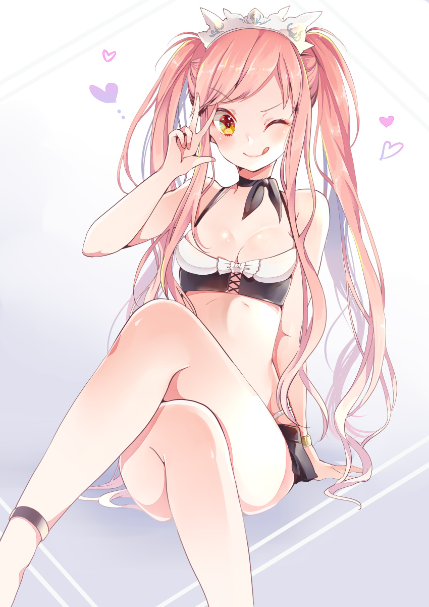 absurdres anklet bangs bare_shoulders bati15 bracelet breasts commentary_request crossed_legs fate/grand_order fate_(series) heart highres jewelry licking_lips long_hair long_legs looking_at_viewer looking_to_the_side medb_(fate)_(all) medb_(swimsuit_saber)_(fate) medium_breasts one_eye_closed parted_lips pink_hair sitting smile solo swimsuit tiara tongue tongue_out v white_swimsuit yellow_eyes