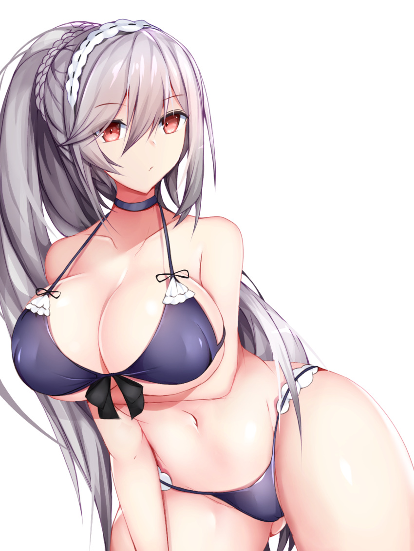adapted_costume anchor_symbol arm_under_breasts ass_visible_through_thighs azur_lane bangs bare_shoulders bikini blush braid breasts choker cleavage closed_mouth collarbone commentary_request crown_braid dunkerque_(azur_lane) eyebrows_visible_through_hair flower grey_hair groin hair_flower hair_ornament headdress highres large_breasts long_hair looking_at_viewer monotosu navel pink_eyes ponytail purple_bikini sidelocks simple_background skindentation solo stomach swimsuit thighs white_background