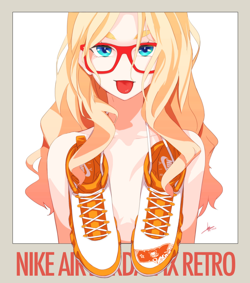 :p air_jordan air_jordan_9_retro blonde_hair blue_eyes border borrowed_character collarbone commentary_request cross-laced_footwear dekomegane emblem eyebrows flat_chest glasses grey_border highres long_hair looking_at_viewer nike no_nose nude orange_footwear original outside_border parted_lips red-framed_eyewear shoes shoes_around_neck sidelocks signature silenxe simple_background sneakers solo thick_eyebrows tongue tongue_out upper_body wavy_hair white_background white_footwear