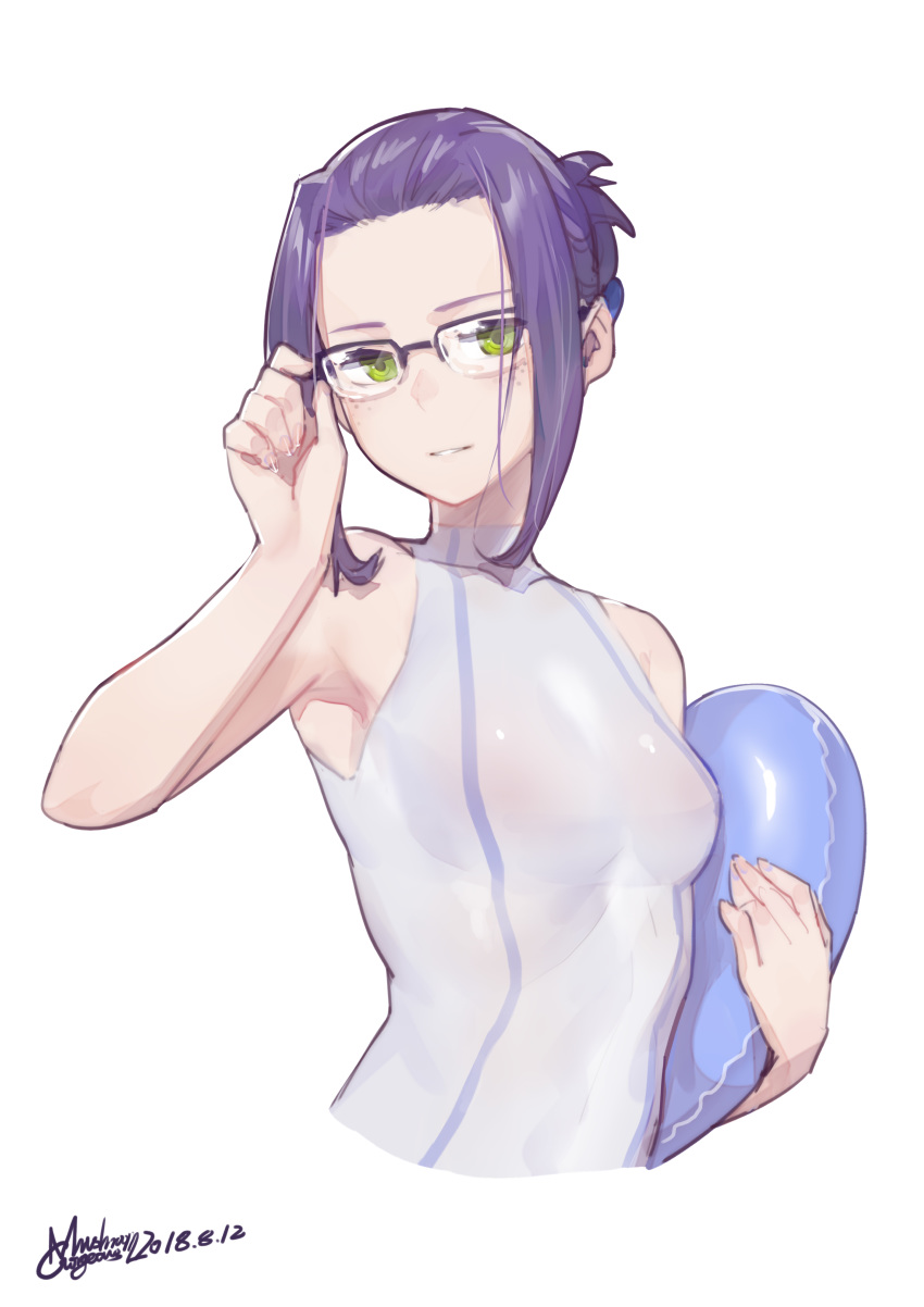 absurdres adjusting_eyewear bare_arms bare_shoulders black-framed_eyewear breasts commentary darling_in_the_franxx dated double_vertical_stripe glasses gorgeous_mushroom green_eyes highres holding holding_innertube ikuno_(darling_in_the_franxx) innertube looking_at_viewer medium_breasts over-rim_eyewear parted_lips purple_hair revision semi-rimless_eyewear sidelocks signature simple_background solo swimsuit upper_body white_background white_swimsuit