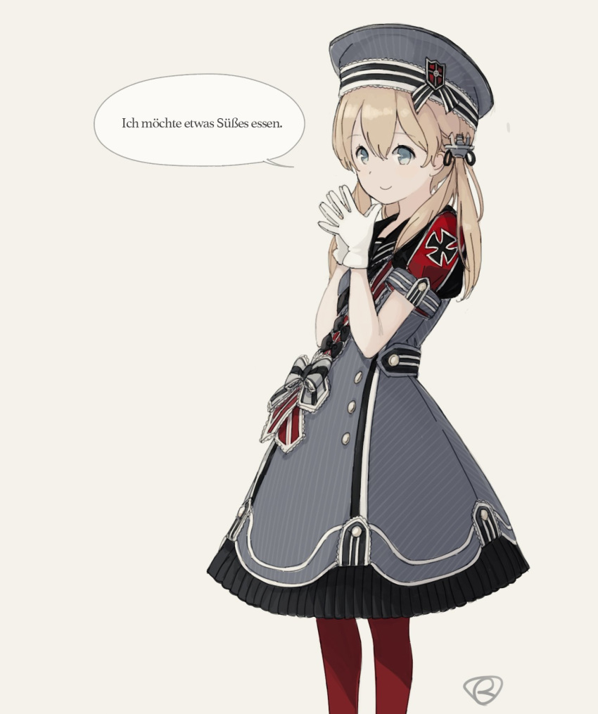 alternate_costume anchor_hair_ornament aqua_eyes blonde_hair commentary_request dress feet_out_of_frame german gloves grey_hat hair_ornament hands_together hat highres iron_cross kantai_collection kokudou_juunigou looking_at_viewer low_twintails multicolored multicolored_clothes multicolored_dress pantyhose peaked_cap prinz_eugen_(kantai_collection) red_legwear sailor_hat solo translated twintails white_gloves younger