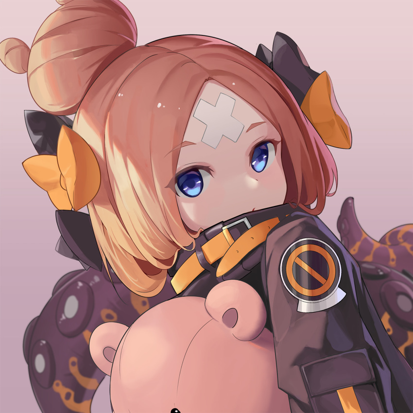 abigail_williams_(fate/grand_order) bangs black_bow black_jacket blonde_hair blue_eyes bow brown_background closed_mouth commentary crossed_bandaids dutch_angle eyebrows_visible_through_hair fate/grand_order fate_(series) hair_bow hair_bun heroic_spirit_traveling_outfit highres jacket loading_(vkjim0610) long_hair long_sleeves looking_at_viewer object_hug orange_bow parted_bangs polka_dot polka_dot_bow simple_background solo stuffed_animal stuffed_toy suction_cups teddy_bear tentacles