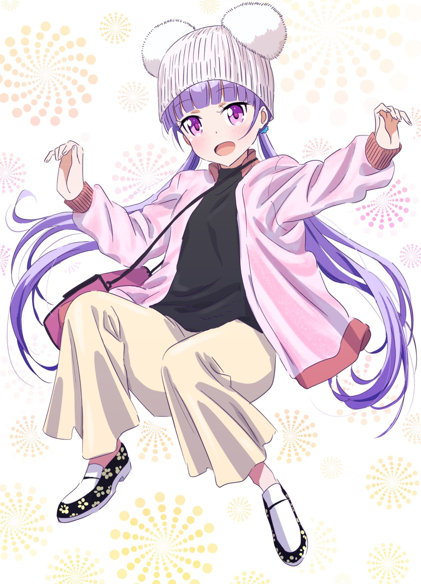 :d bag bangs black_shirt blunt_bangs cardigan floating_hair full_body hat highres long_hair looking_at_viewer new_game! open_cardigan open_clothes open_mouth pants pink_cardigan pink_eyes pink_x purple_hair shirt smile solo suzukaze_aoba twintails very_long_hair white_background white_hat white_pants