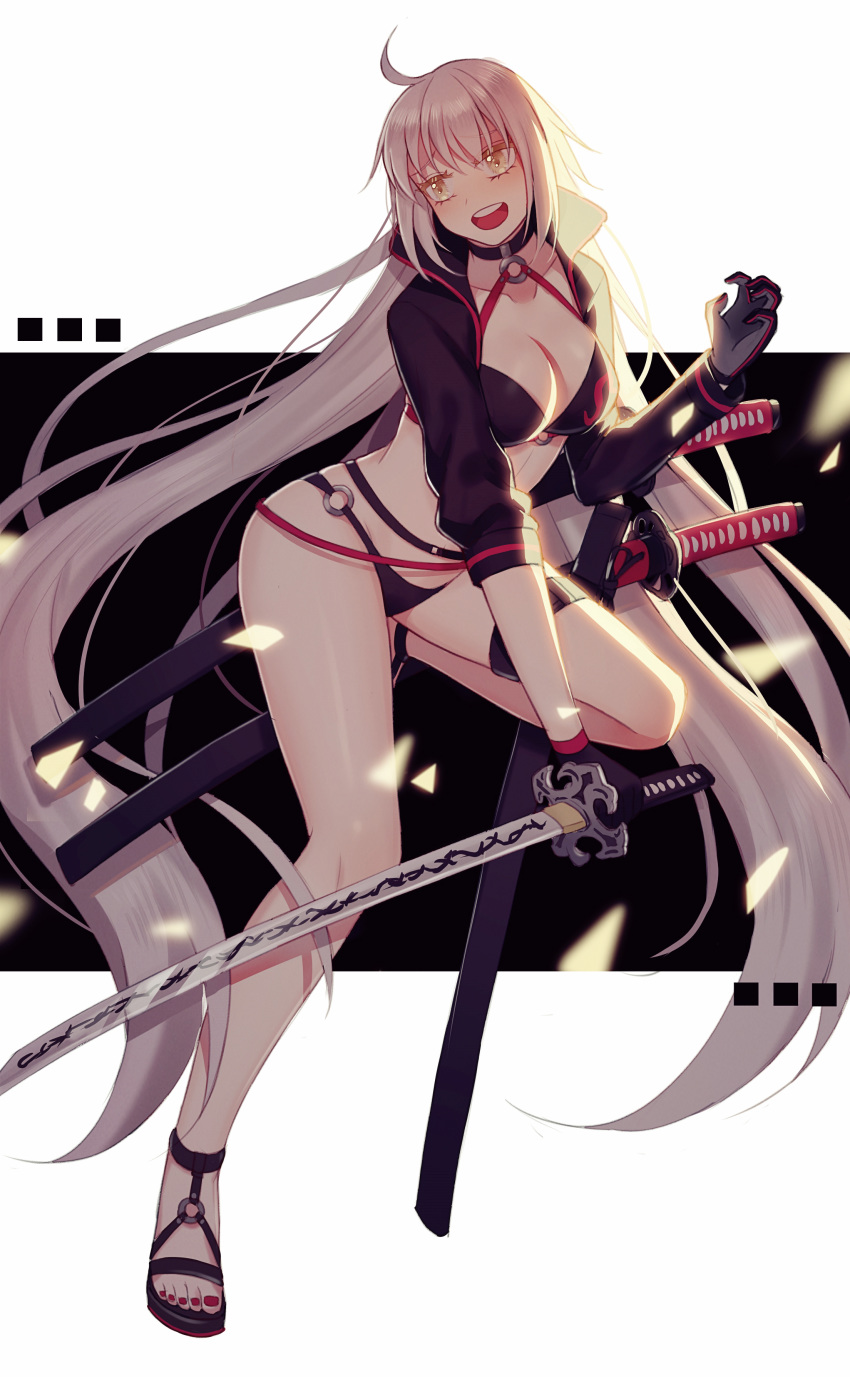 absurdres ahoge bangs bikini black_background black_bikini black_choker black_gloves black_jacket breasts choker cleavage collarbone commentary cropped_jacket english_commentary fate/grand_order fate_(series) floating_hair full_body gloves groin hair_between_eyes hand_on_hilt head_tilt high_collar highres holding holding_sword holding_weapon jacket jeanne_d'arc_(alter_swimsuit_berserker) jeanne_d'arc_(fate)_(all) katana large_breasts long_hair long_sleeves looking_at_viewer nail_polish o-ring o-ring_bikini o-ring_bottom o-ring_top open_clothes open_jacket open_mouth open_toe_shoes outdoors outstretched_arm pale_skin red_nails scabbard sheath shrug_(clothing) sidelocks sleeves_rolled_up smile solo standing stomach swimsuit sword thigh_gap thigh_strap thighhighs toenail_polish unsheathed weapon white_background white_hair yellow_eyes zarea