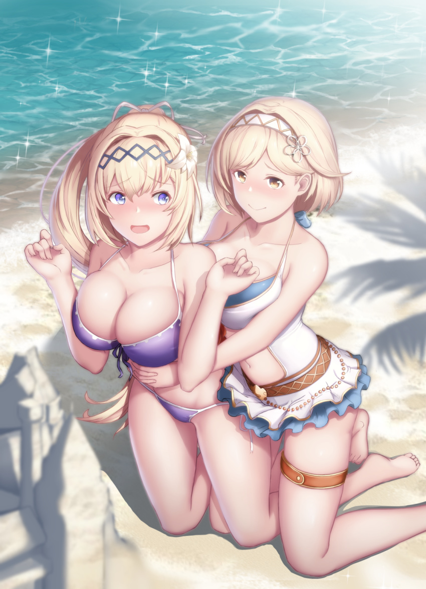 alternate_breast_size alternate_costume bare_shoulders beach bikini bikini_skirt blonde_hair blue_eyes blush breasts brown_eyes cementite cleavage collarbone commentary day djeeta_(granblue_fantasy) embarrassed eyebrows_visible_through_hair feathers flower from_above front-tie_bikini front-tie_top granblue_fantasy hair_between_eyes hair_feathers hair_flower hair_ornament hair_ribbon hairband highres hug hug_from_behind jeanne_d'arc_(granblue_fantasy) large_breasts long_hair looking_at_another medium_breasts multiple_girls navel navel_cutout one-piece_swimsuit open_mouth ponytail purple_bikini ribbon short_hair side-tie_bikini sidelocks swimsuit thigh_strap thighs white_flower white_swimsuit yuri
