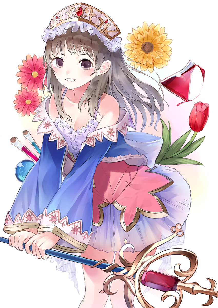 atelier_(series) atelier_totori bangs bare_shoulders blue_jacket blue_sleeves blush brown_eyes brown_hair collarbone commentary_request dress erlenmeyer_flask eyebrows_visible_through_hair flower highres holding holding_wand jacket long_hair long_sleeves looking_at_viewer off_shoulder outstretched_arms parted_lips red_flower shii_(kairi-t-k0317) sleeveless sleeveless_dress smile solo standing totooria_helmold tulip vial wand white_dress wide_sleeves yellow_flower