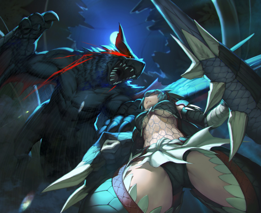 black_hair breasts claws commentary_request crotch fishnets from_below glowing glowing_eyes lance large_breasts midriff monster monster_hunter moon nargacuga nargacuga_(armor) night polearm red_eyes rotix sharp_teeth shield solo teeth underboob weapon