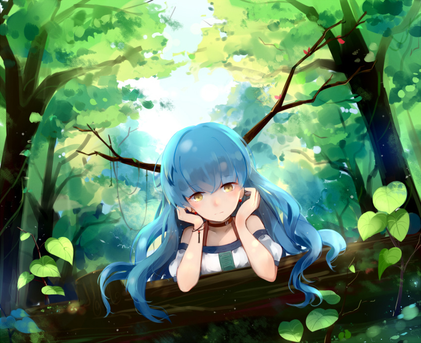 bangs blue_hair bracelet collar collarbone day earrings eyebrows_visible_through_hair forest highres jewelry leaf long_hair looking_at_viewer nature off_shoulder original outdoors solo upper_body very_long_hair yellow_eyes yorktown_cv-5