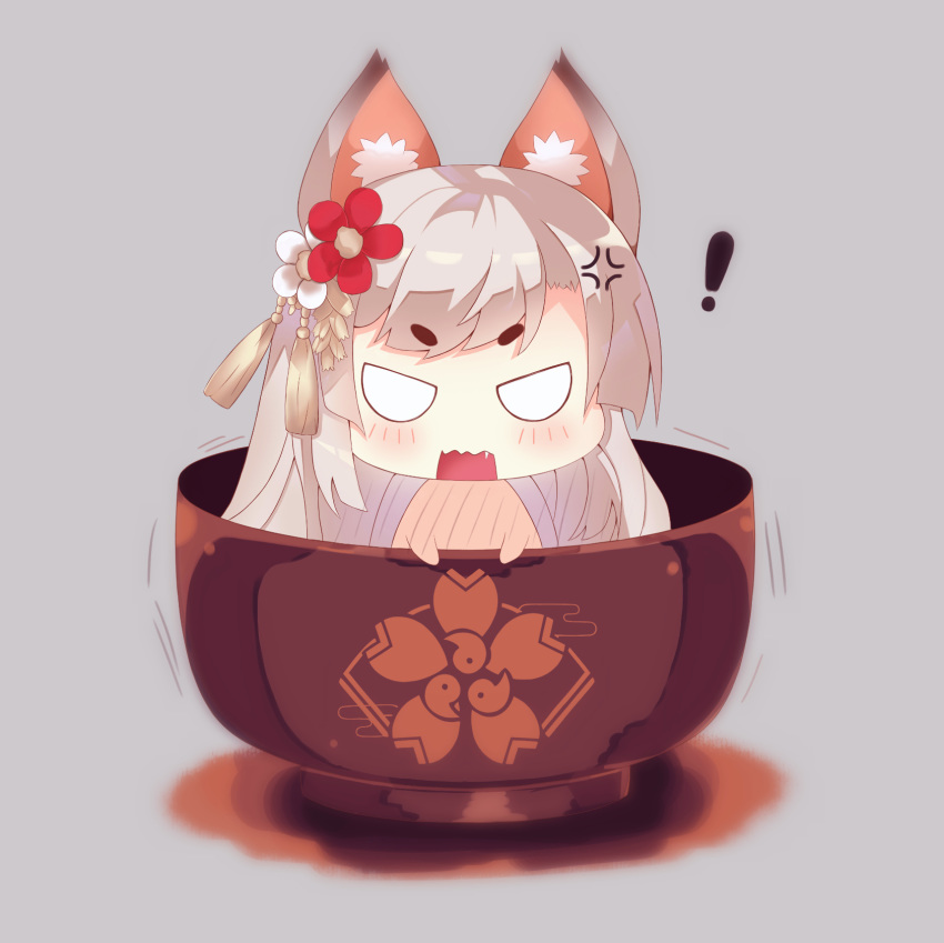1girl anger_vein animal_ear_fluff animal_ears azur_lane bangs blush commentary_request eyebrows_visible_through_hair fang flower grey_background hair_flower hair_ornament highres in_bowl in_container liang_feng_qui_ye long_hair looking_at_viewer magatama minigirl open_mouth red_flower silver_hair solo thick_eyebrows v-shaped_eyebrows wavy_mouth white_flower wolf_ears yuudachi_(azur_lane)