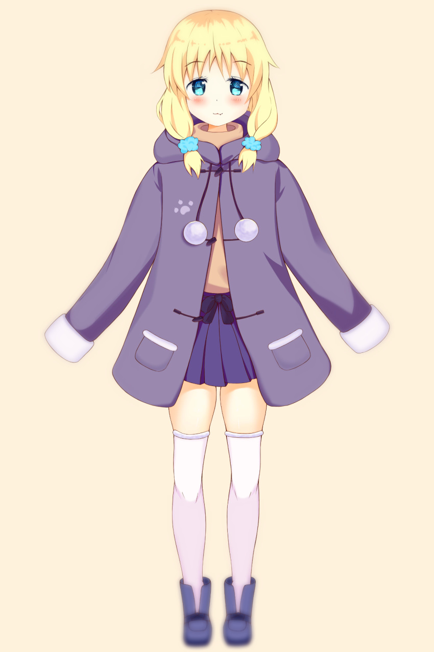 :3 bad_id bad_pixiv_id bangs black_bow blonde_hair blue_eyes blue_footwear blue_scrunchie blue_skirt blush boots bow brown_background brown_shirt closed_mouth commentary_request eyebrows_visible_through_hair fang fang_out full_body hair_ornament hair_scrunchie highres hood hood_down hooded_coat liang_feng_qui_ye long_hair long_sleeves original pleated_skirt purple_coat scrunchie shirt simple_background skirt sleeves_past_fingers sleeves_past_wrists solo standing thighhighs thighhighs_under_boots white_legwear