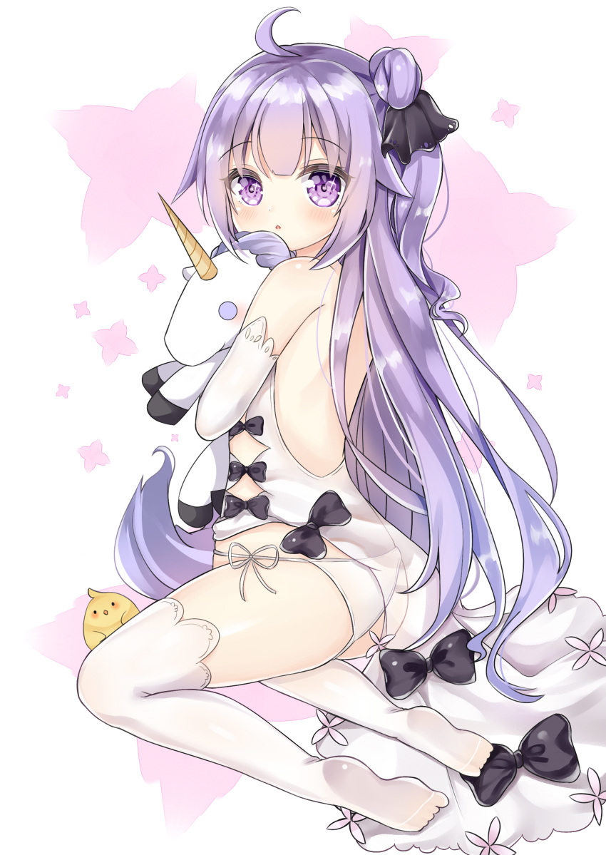 absurdres ahoge ass azur_lane backless_dress backless_outfit bangs bare_shoulders black_bow black_ribbon blush bow detached_sleeves dress eyebrows_visible_through_hair hair_bun hair_ribbon highres ju_(a793391187) long_hair looking_at_viewer looking_to_the_side no_shoes object_hug one_side_up panties parted_lips purple_eyes purple_hair ribbon side-tie_panties side_bun sitting soles solo stuffed_alicorn stuffed_animal stuffed_toy thighhighs underwear unicorn_(azur_lane) very_long_hair white_dress white_legwear white_panties yokozuwari