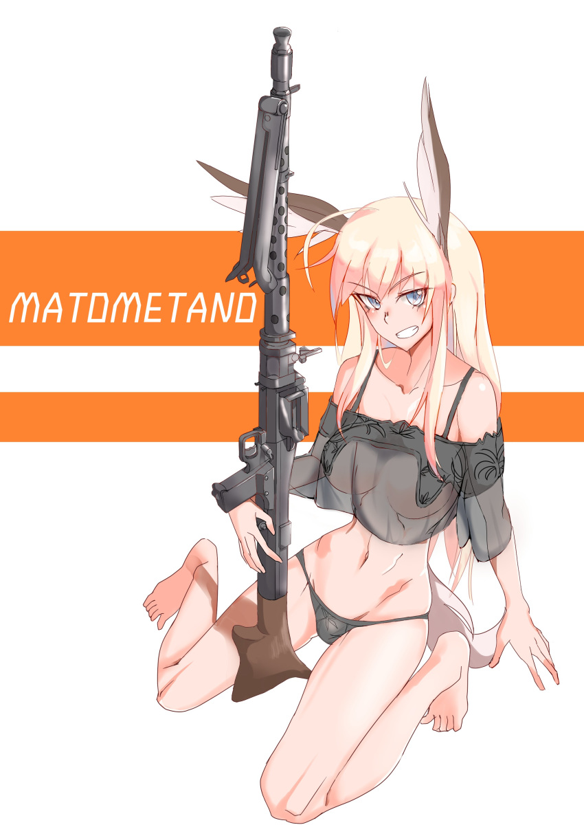 absurdres ahoge barefoot bipod bird_tail black_legwear blonde_hair blue_eyes breasts cleavage commentary_request eyebrows_visible_through_hair groin gun hair_over_one_eye hanna-justina_marseille head_wings highres ito_(i_too04) lingerie long_hair machine_gun mg34 navel panties smile solo squatting strike_witches underwear weapon world_witches_series